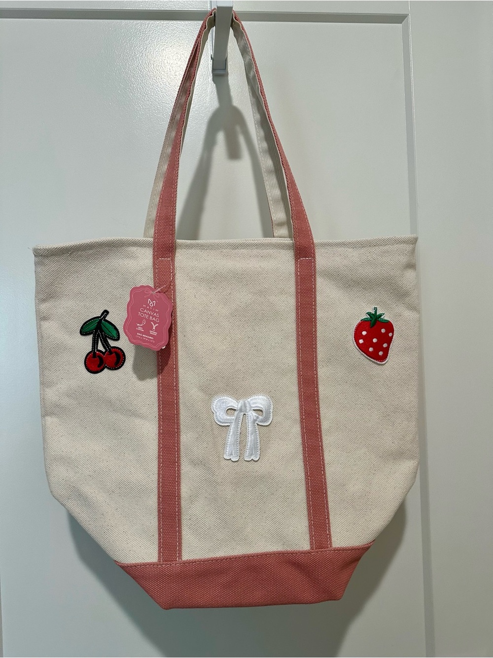 Mayim Canvas Tote Bag with Pink Trim and Fruit Patches Strawberry, Cherry, Bow
